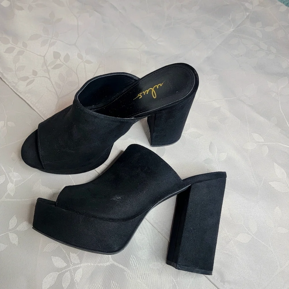 Lulu's Chandra Black Vegan Suede Block Heels Platform Open Toe Slides Mules 8.5